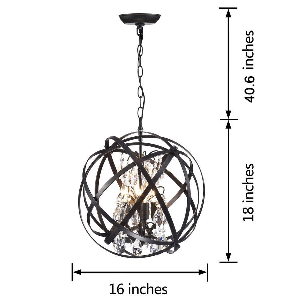 Antique Black Metal Globe Crystal 4-Light Chandelier
