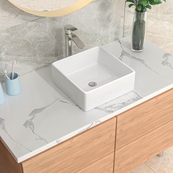 LORDEAR 15 in. x 15 in. Porcelain Ceramic Square Vanity Art Basin Above Bathroom Vessel Sink in White