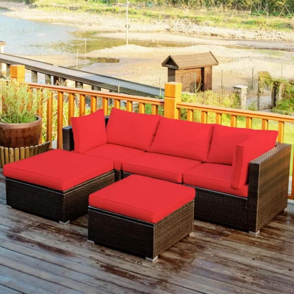5-Piece Black Wicker Outdoor Sectional Set with Red Cushions