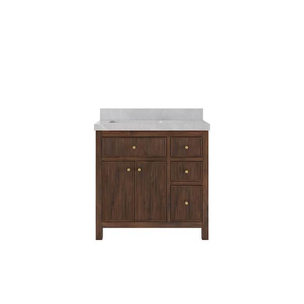 Willow Collections Sonoma Teak 36 in. Left Offset Sink Freestanding Dark Walnut Bath Vanity with Pearl Gray Qt. Top Unassembled