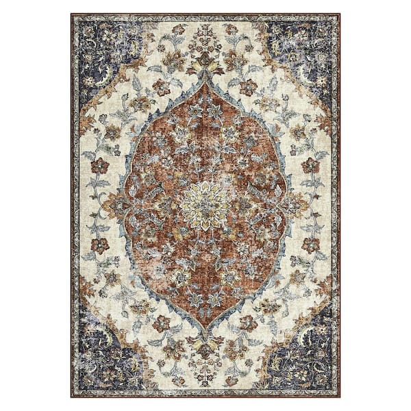 Vintage Printed Rug Low Pile Non-Slip Thin Carpet Living Room Decorative Carpet for Bedroom Kitchen Red，5X7ft