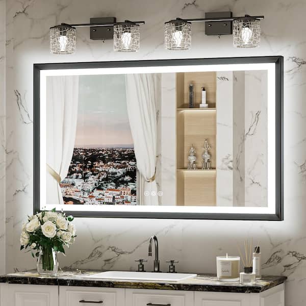 48 in. W x 30 in. H Rectangular Framed LED Lighted Bathroom Vanity Mirror with Light in Black with Backlit and Anti-Fog
