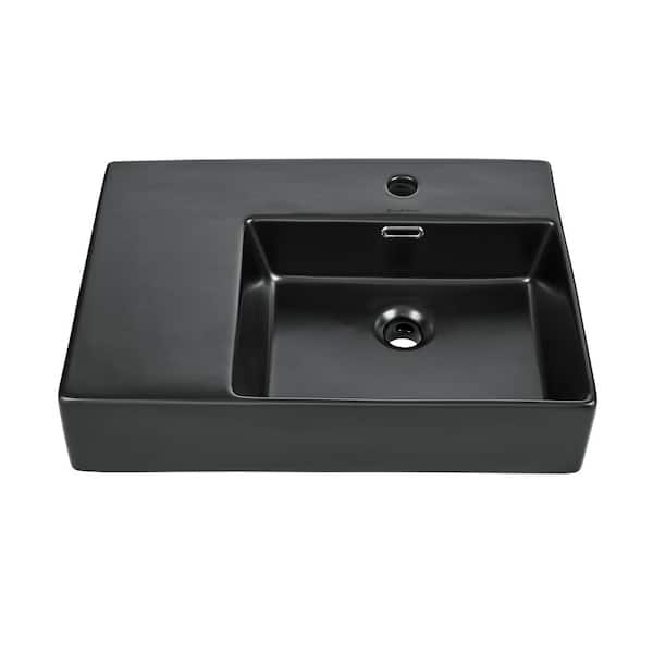 Swiss Madison St. Tropez 24 in. x 18 in. Matte Black Ceramic Wall Hung Vessel Sink with Right Side Faucet Mount