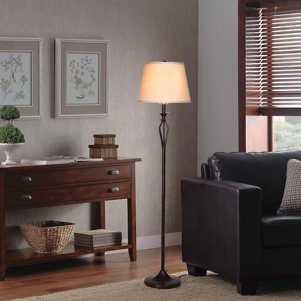 Hampton Bay Rhodes 58.50 in. Bronze Floor Lamp with Natural Linen Shade