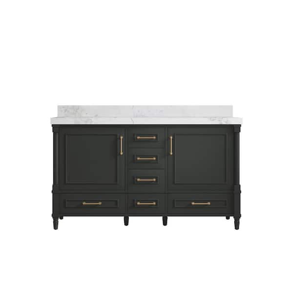 Willow Collections Hudson 60 in. Double Sink Freestanding Black Top Bath Vanity with Calacatta Nuvo Quartz Top Unassembled