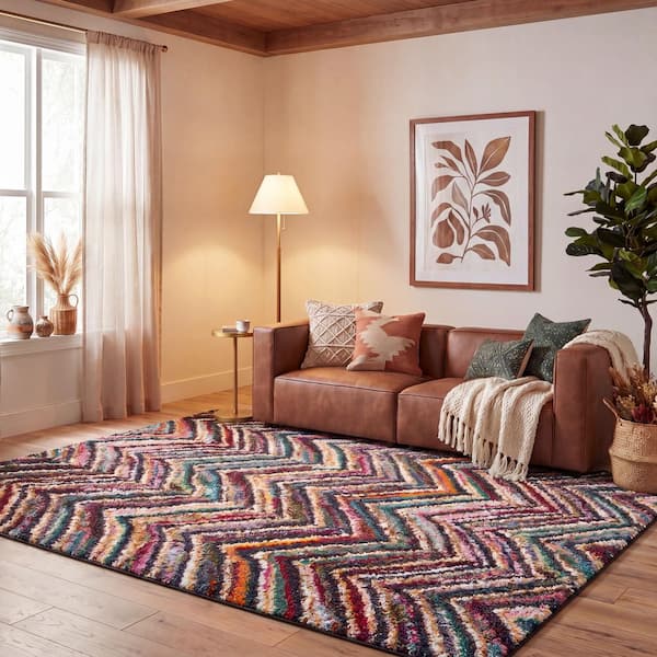 Fiesta Shag 2 ft. x 4 ft. Multi Geometric Chevron Area Rug