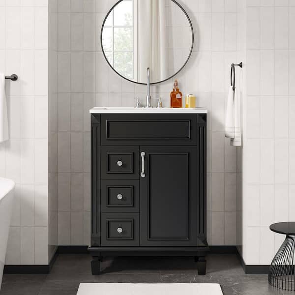 24 in. W Single Sink Freestanding Black Bath Vanity with White Ceramic Top and 2 Drawers on the Left, Unassembled