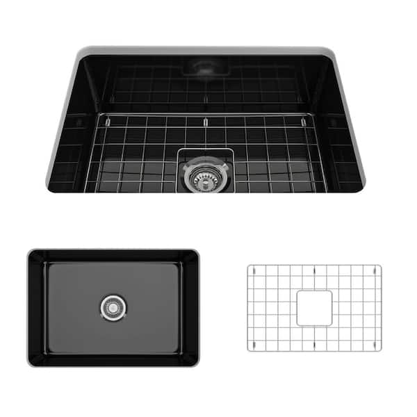BOCCHI Sotto Undermount Fireclay 27 in. Single Bowl Kitchen Sink with Bottom Grid and Strainer in Black