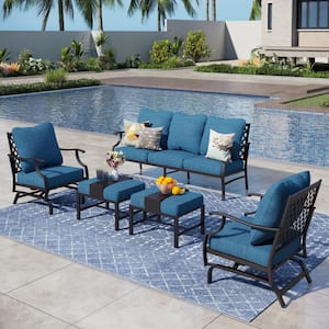 Black 5-Piece Metal Meshed 7-Seat Outdoor Patio Conversation Set with Peacock Blue Cushions 2 Motion Chairs 2 Ottomans