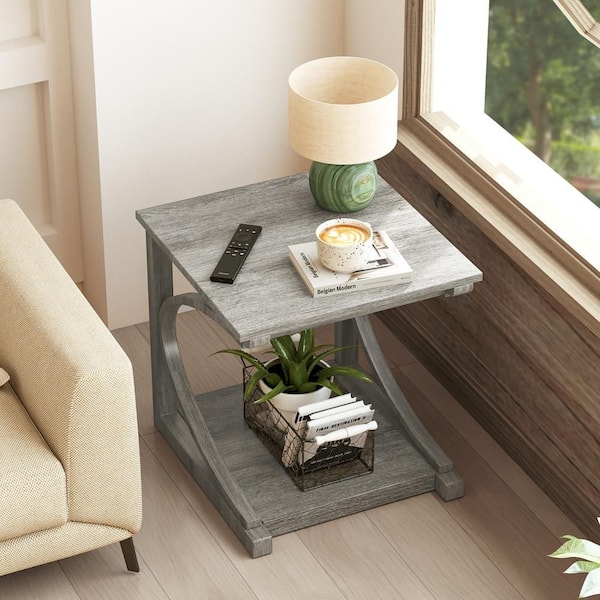 24 in. Side End Table w/ Storage Shelf & Rubber Wood Frame for Small Space