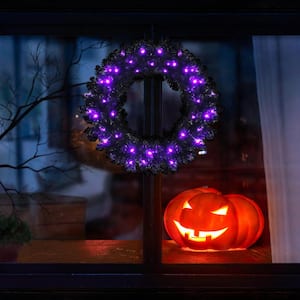 24 in. Black PreLit Artificial Christmas Wreath Halloween Wreath with 35 Purple LED Lights