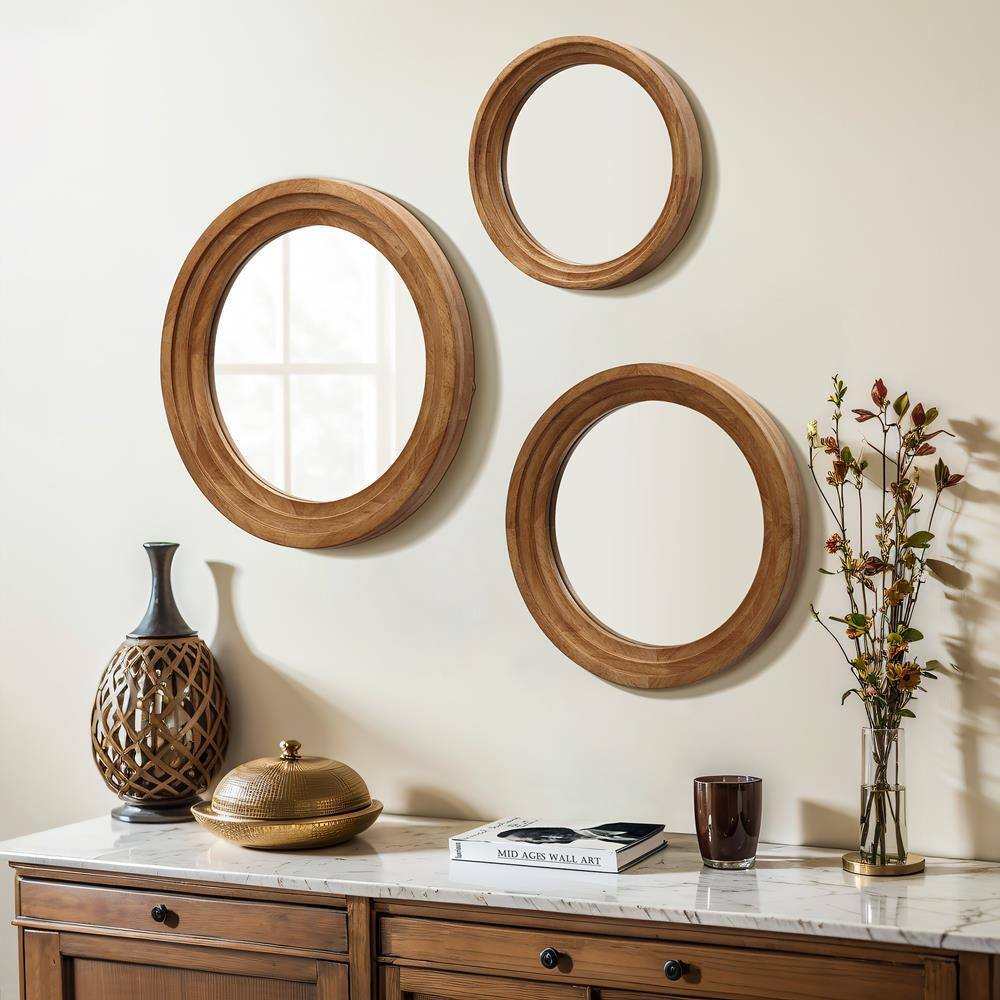 Brown Round Rubberwood 3-Piece Bathroom Vanity Mirror Set