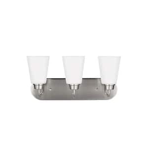 Kerrville 18 in. 3-Light Brushed Nickel Traditional Transitional Bathroom Vanity Light with Satin Etched Glass Shades