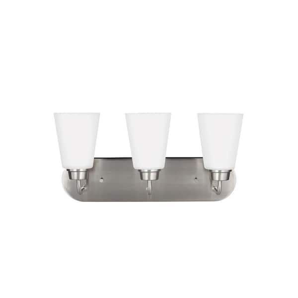 Generation Lighting Kerrville 18 in. 3-Light Brushed Nickel Traditional Transitional Bathroom Vanity Light with Satin Etched Glass Shades