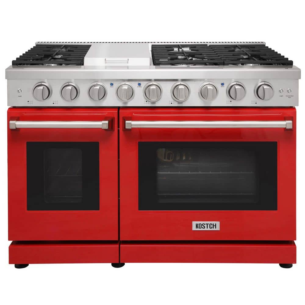48 in. 6.8 cu. ft. 6 Burners Freestanding Double Oven Gas Range in Stainless Steel with Griddle and Red Oven Door price history on PriceWatchPro