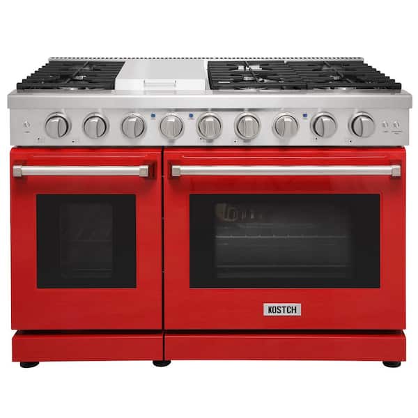 48 in. 6.8 cu. ft. 6 Burners Freestanding Double Oven Gas Range in Stainless Steel with Griddle and Red Oven Door