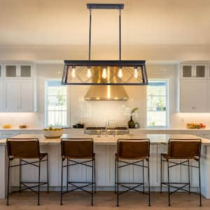 5-Light 37.8 in. W Vintage Farmhouse Matte Black Chandelier with Rectangle Light Shade for Kitchen Island Dining Room