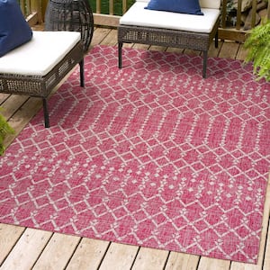 Ourika Moroccan Geometric Textured Weave Fuchsia/Light Gray 5 ft. x 8 ft. Indoor/Outdoor Area Rug