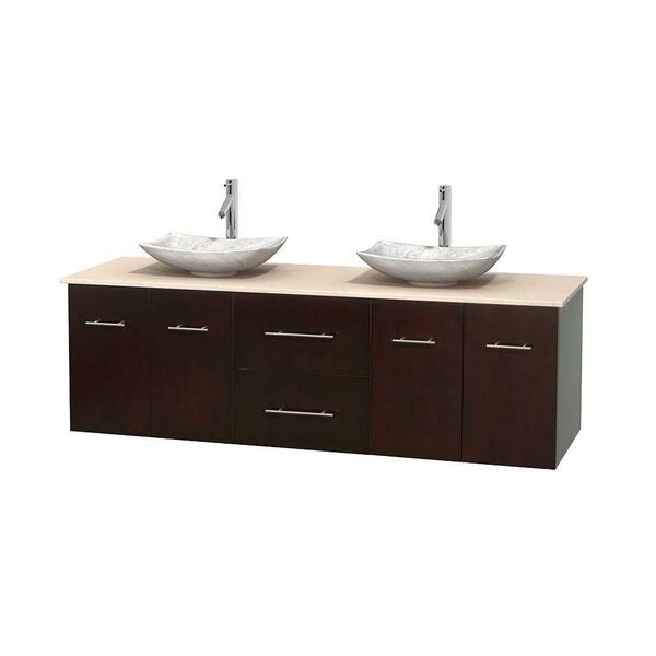 Wyndham Collection Centra 72 in. Double Vanity in Espresso with Marble Vanity Top in Ivory and Carrara Sinks