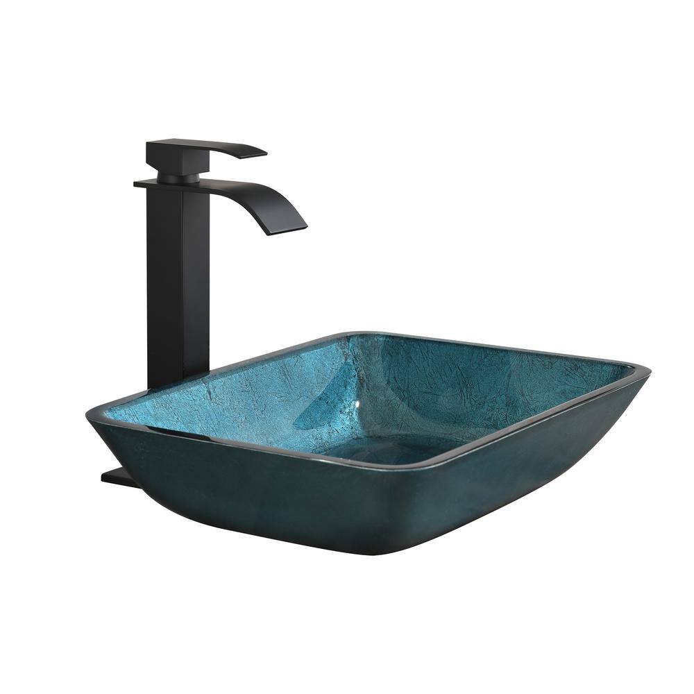 WELLFOR Blue Glass Rectangular Vessel Sink with Single Hole Faucet and PopUp Drain WA055BL03