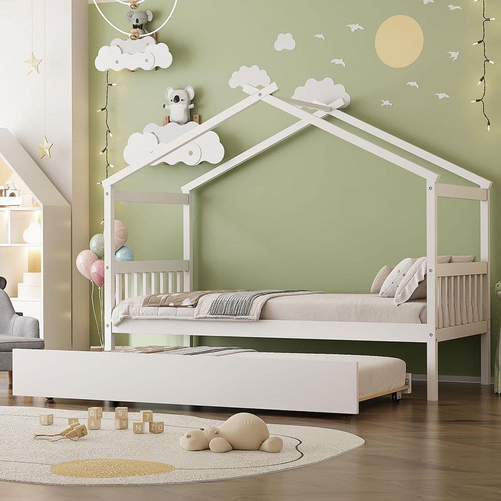 White Wood Frame Twin Size Platform Bed with Twin Size Trundle price history on PriceWatchPro