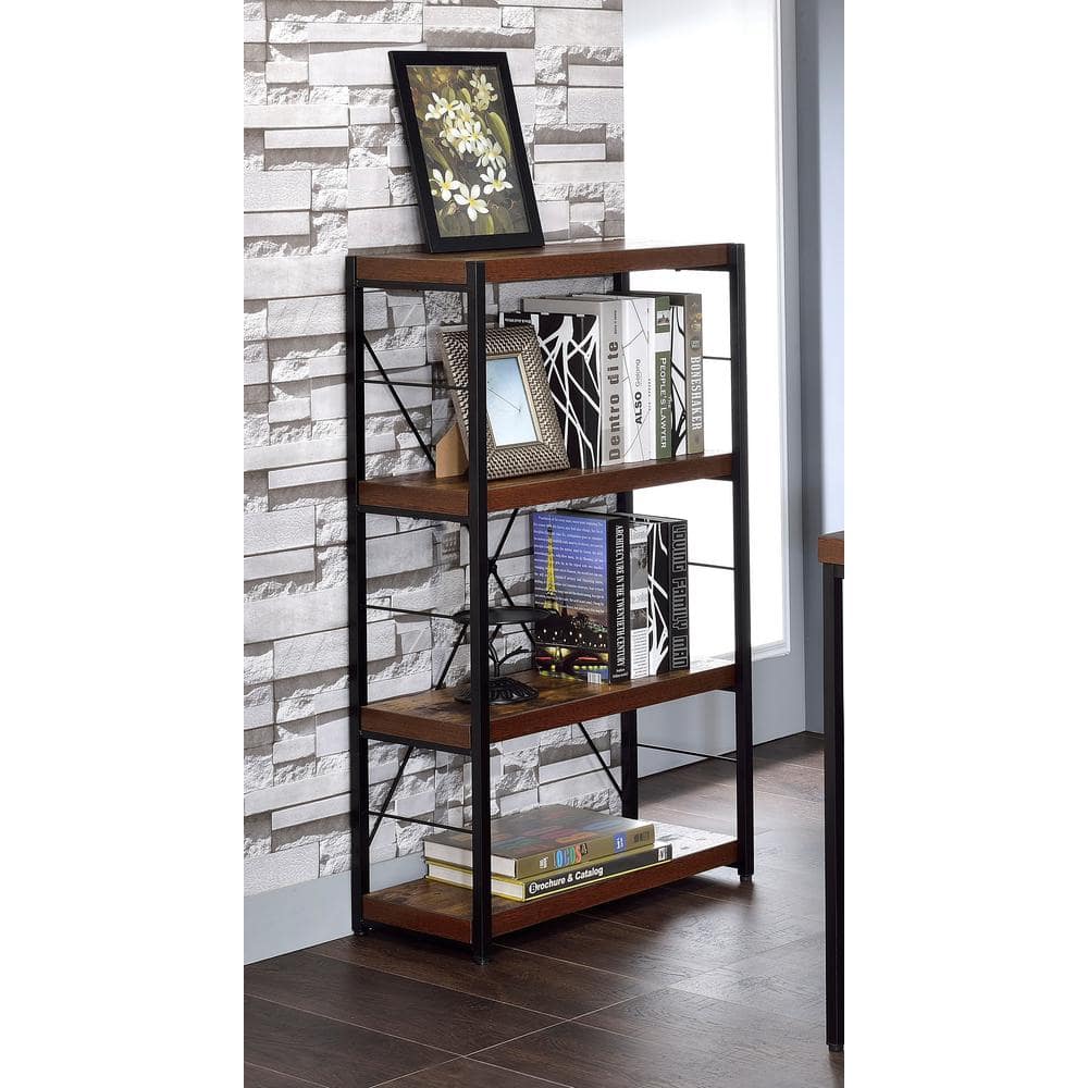 Weathered Oak and Black Metal 3-Tier Industrial Bookshelf