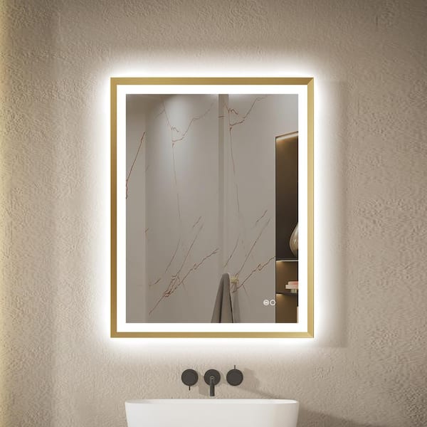 FORCLOVER 28 in. W x 36 in. H Rectangular Framed Beveled Edge Anti-Fog Dimmable Wall Bathroom Vanity Mirror in Brushed Gold