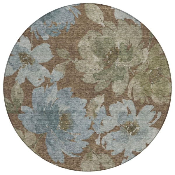 Chantille Machine Washable Indoor/Outdoor Abstract ACN3014 Chocolate 8 ft. x 8 ft. Round Rug