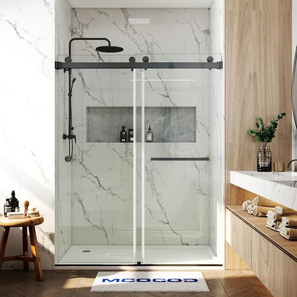 MCOCOD 61-67 in. W x 76 in. H Double Sliding Frameless Smooth Sliding Shower Door in Matte Black with 3/8 in. Clear Glass