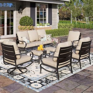 Black Slatted 9-Seat 7-Piece Metal Outdoor Patio Conversation Set with Beige Cushions, 2 Swivel Chairs and 2 Ottomans