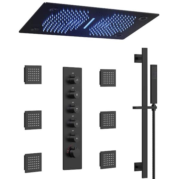 Chromotherapy 31-Spray 27 1/2 in. Dual Shower Head Ceiling Mount Fixed High Pressure Handheld Shower Head in Matte Black