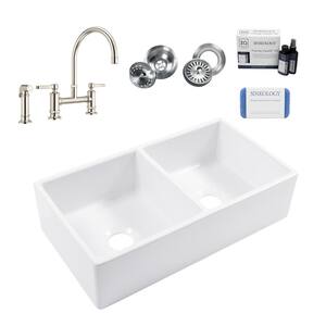 Turner 33 in. Farmhouse Apron Front Undermount Double Bowl Crisp White Fireclay Kitchen Sink with Nickel Faucet Kit