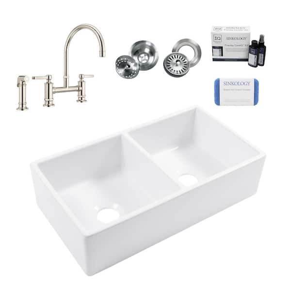 SINKOLOGY Turner 33 in. Farmhouse Apron Front Undermount Double Bowl Crisp White Fireclay Kitchen Sink with Nickel Faucet Kit