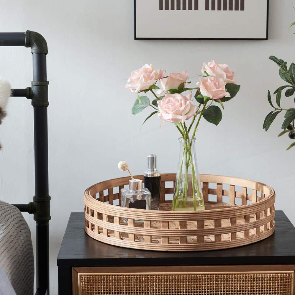Brown Basket Weave Round Bamboo Decorative Tray