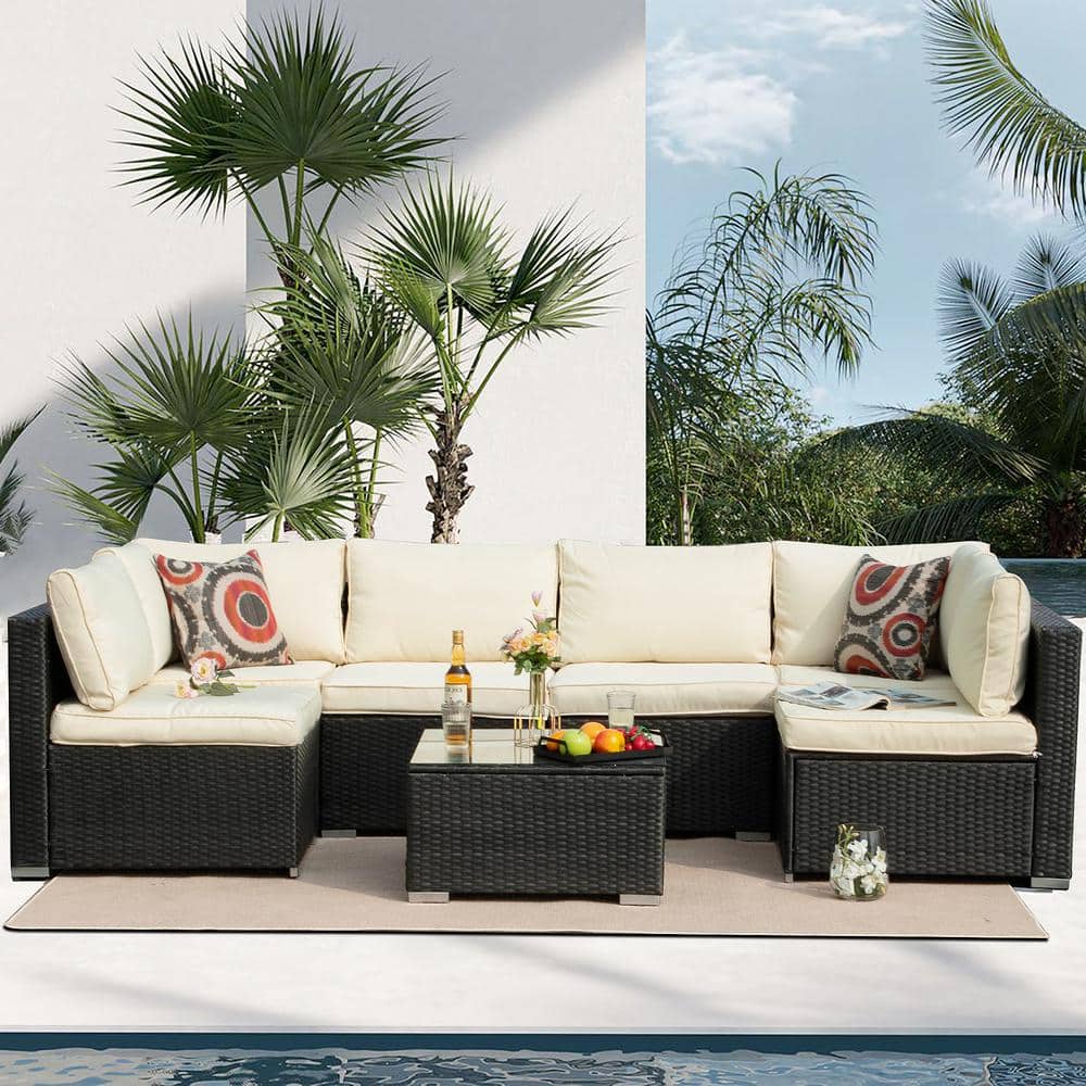 7-Piece Black Rattan Wicker Outdoor Patio Sectional Sofa Set with Beige Cus