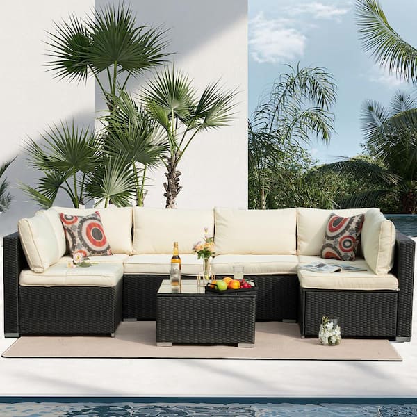 7 Piece Black Rattan Wicker Outdoor Patio Sectional Sofa Set with Beige Cushions and 2 Pillows YRK OUT 4 The Home Depot