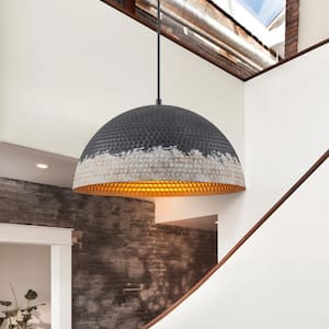 Nathan 1-Light 15.7 in. Industrial Farmhouse Black and White Hammered Pendant Lighting with Dome Shade