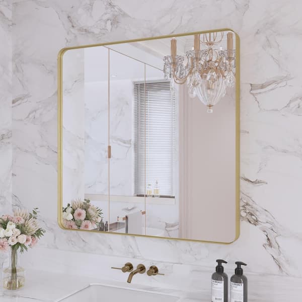 36 in. W x 36 in. H Square Framed Wall Mounted Bathroom Vanity Mirror in Brushed Gold
