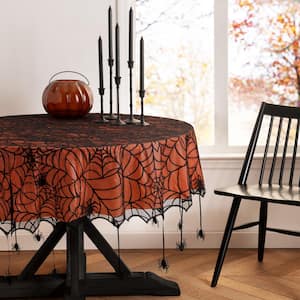 Crawling Halloween Spider 70 in. Round Black/Orange Lace Lined Tablecloth