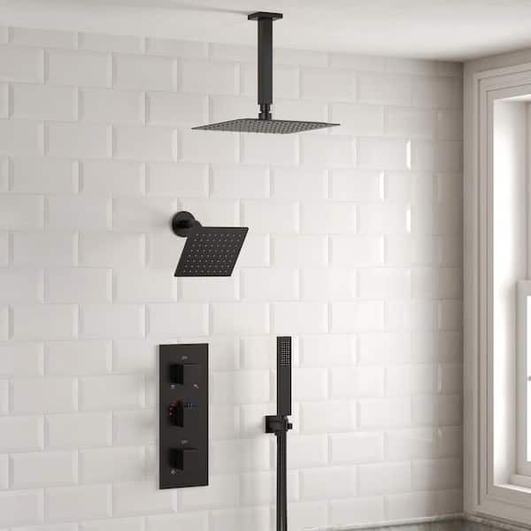 ZenithRain 5-Spray Square High Pressure with Dual Rainfall Showerheads Thermostatic Valve Included in Matte Black