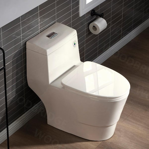 Flora 1-Piece 1.1/1.6 GPF Dual Flush Elongated Comfort Height Toilet in Biscuit with Soft Closed, Seat Included