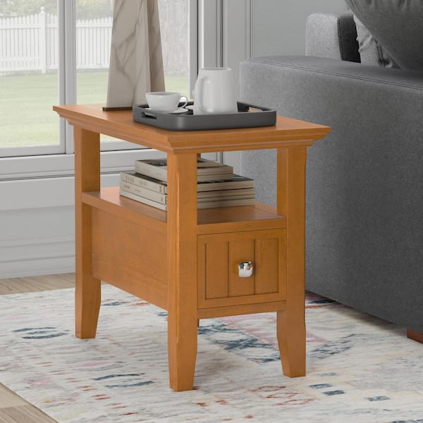 Simpli Home Acadian Solid Wood 14 in. Wide Rectangle Transitional Narrow Side Table with Drawer in Light Golden Brown