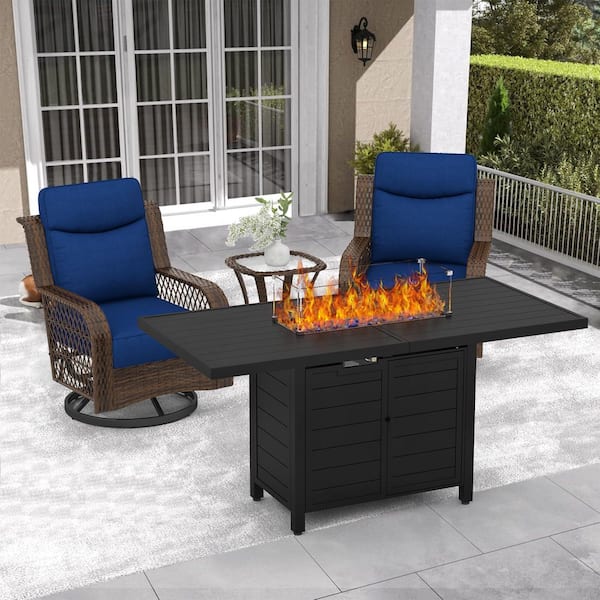 4-Piece Metal Patio Fire Pit Set with 5 in. Blue Cushions Swivel Rocking Chairs and Aluminum Gas Fire Table for Deck