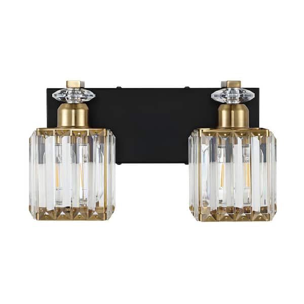 WINGBO 13 in. 2 Light Crystal Bathroom Vanity Light, Black Modern Bathroom Light Fixtures