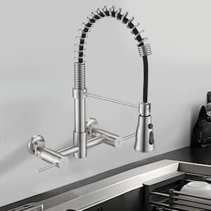 Double-Handle Wall Mounted Bridge Kitchen Faucet with Pull-Down Sprayer Head in Brushed Nickel