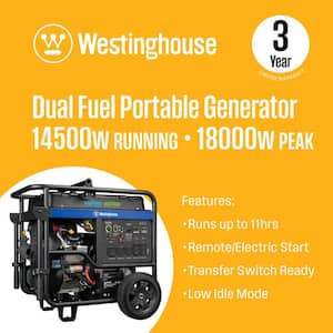 18,000/14,500-Watt Dual Fuel Gas and Propane Portable Generator with Remote Electric Start, Low THD, and 50 Amp Outlet