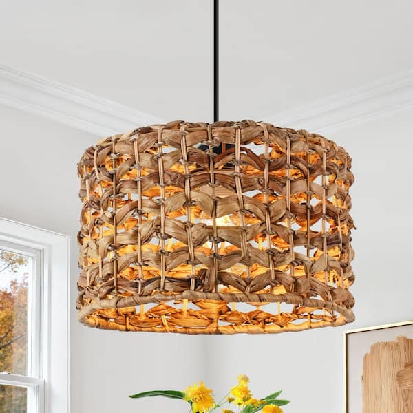 11.4 in. 1-Light Black and Natural Pendant Light with Rattan Shade, No Bulbs Included