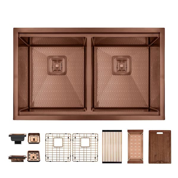 32 in. Undermount Double Bowl 16-Gauge Copper Wave Textured Stainless Steel Workstation Kitchen Sink with Accessories