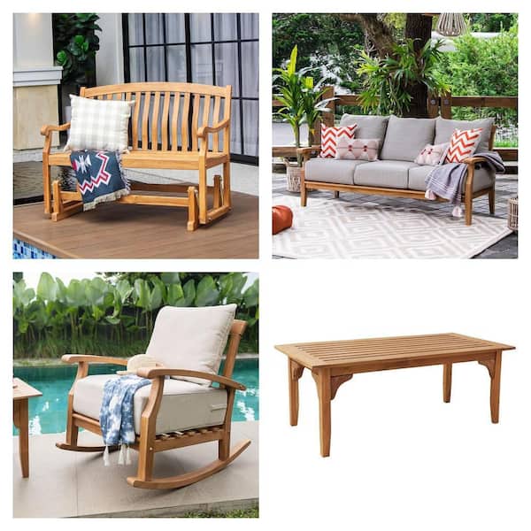Colton Teak Glider Bench, Torrey Teak Couch with Beige Cushion, Coffee Table and Rocking Chair Combo