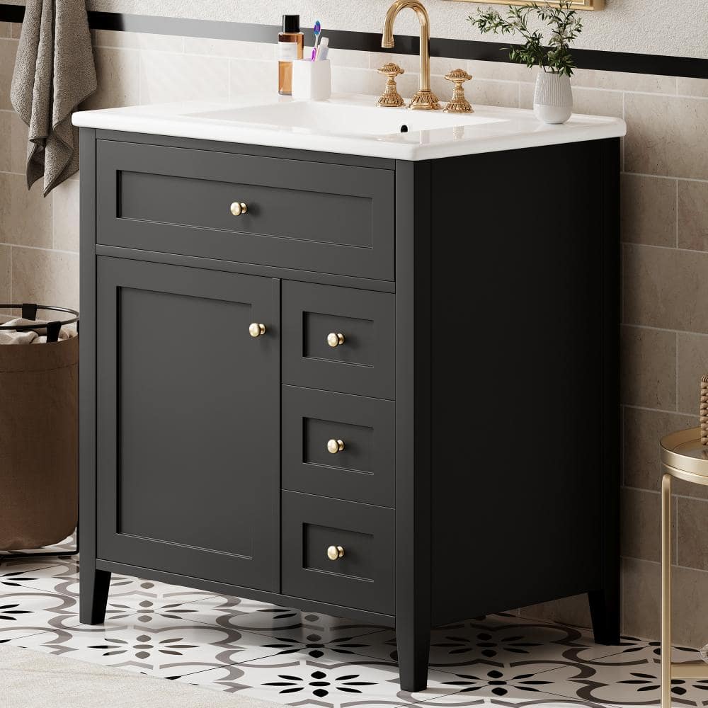 30 in. Black Freestanding Bath Vanity with White Ceramic Sink Top, 3 Drawers and Adjustable Shelf price history on PriceWatchPro